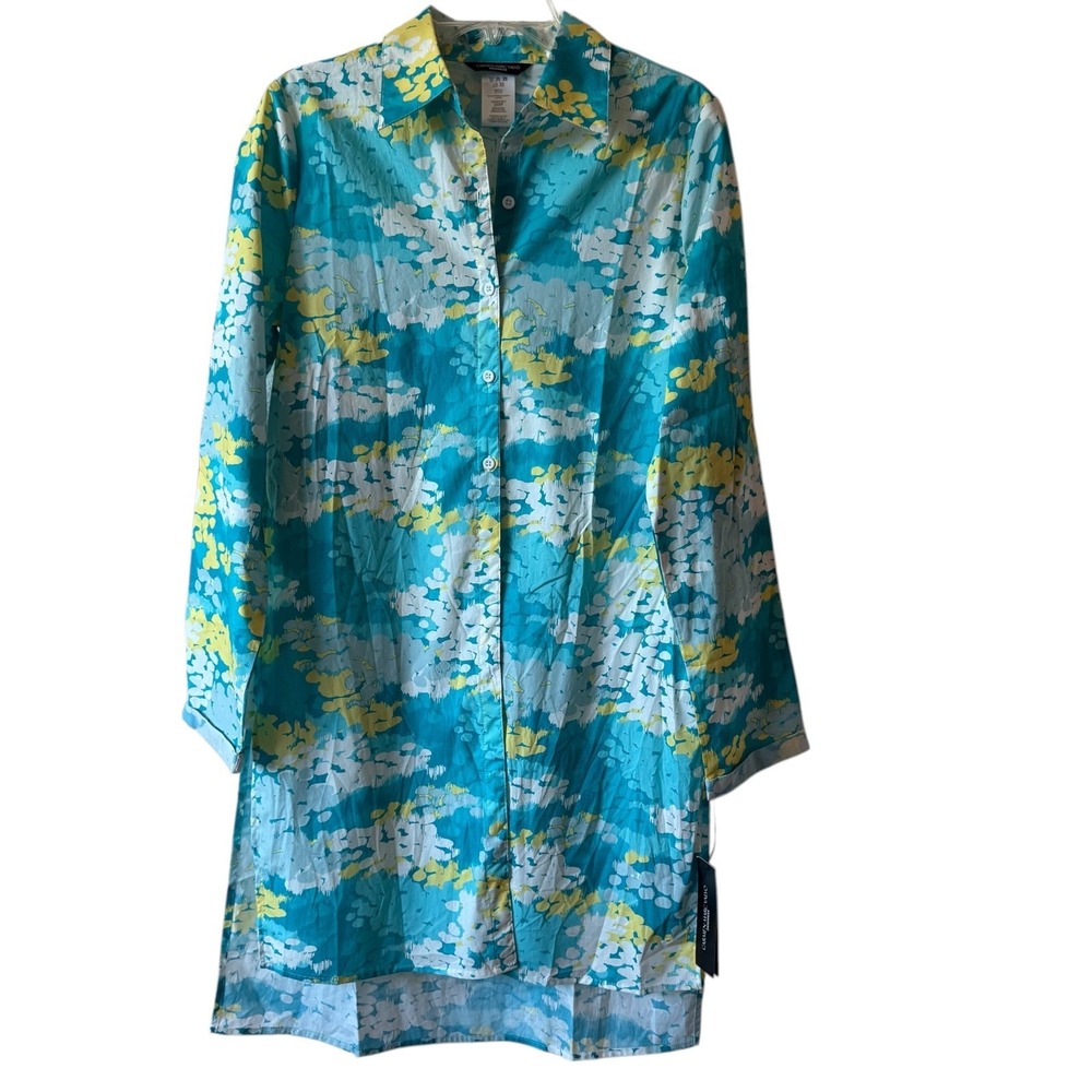 Carmen Marc Valvo Capri Blue Abstract Cotton Shirt Dress Coverup C4H864 Small